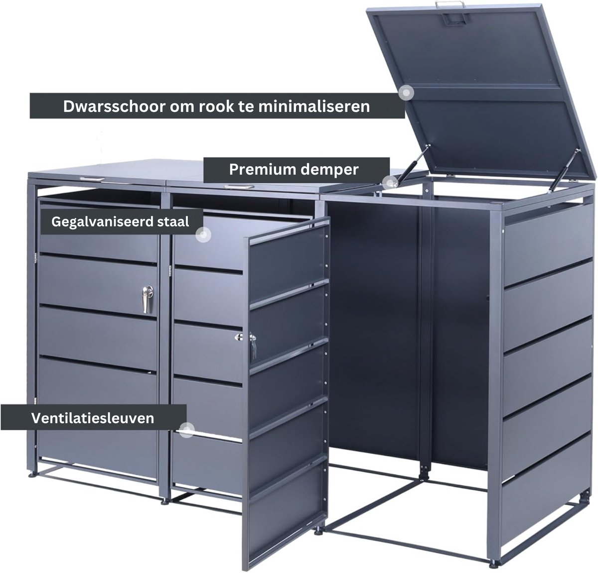 Albatros afvalcontainerbox voor 3 containers | tot 240 liter | antracietgrijs RAL 7016 | verzinkt staal | premium dempers | stickerset | weerbestendig | verstelbare poten | deurklink met slot | tuinbox — afbeelding 7