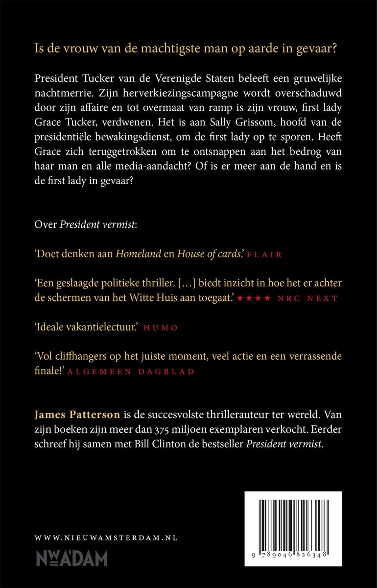 De cover van het boek "President vermist" met tekst "Is de vrouw van de machtigste man op aarde in gevaar?"