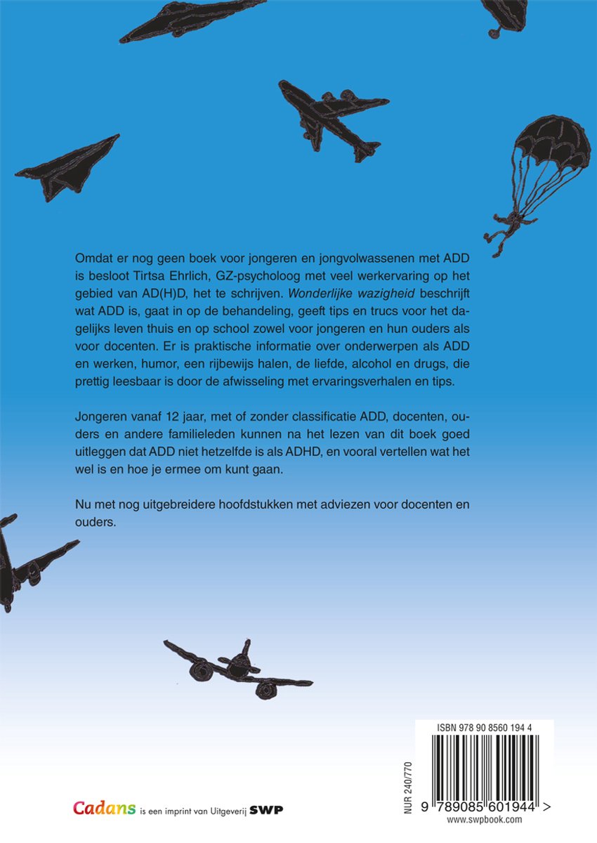 Achterkant van het boek 'Wonderlijke Wazigheid' met een tekst en illustratie van een parachutist en vliegtuigen.