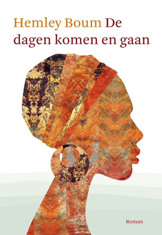 Boekcover 'De dagen komen en gaan' met profiel van een vrouw in oranje en gouden patronen.