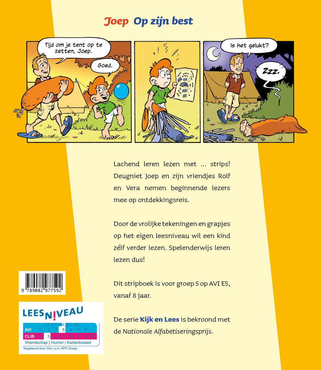 Achterkant van 'Joep Op zijn best' met stripfragmenten en tekst over leesniveau en AVI.