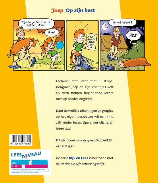 Achterkant van 'Joep Op zijn best' met stripfragmenten en tekst over leesniveau en AVI.