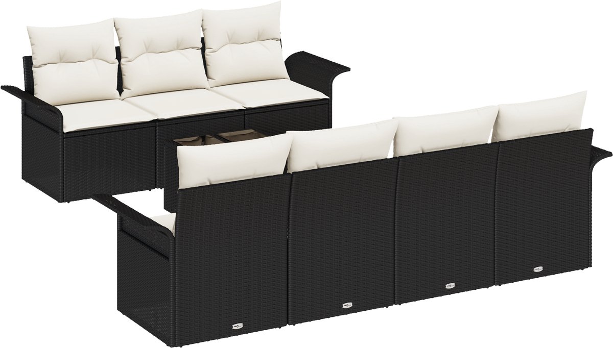 vidaXL - Tuinbank - Set - met - kussen - 8 - pcs - Zwart - en - Crème - poly - rattan