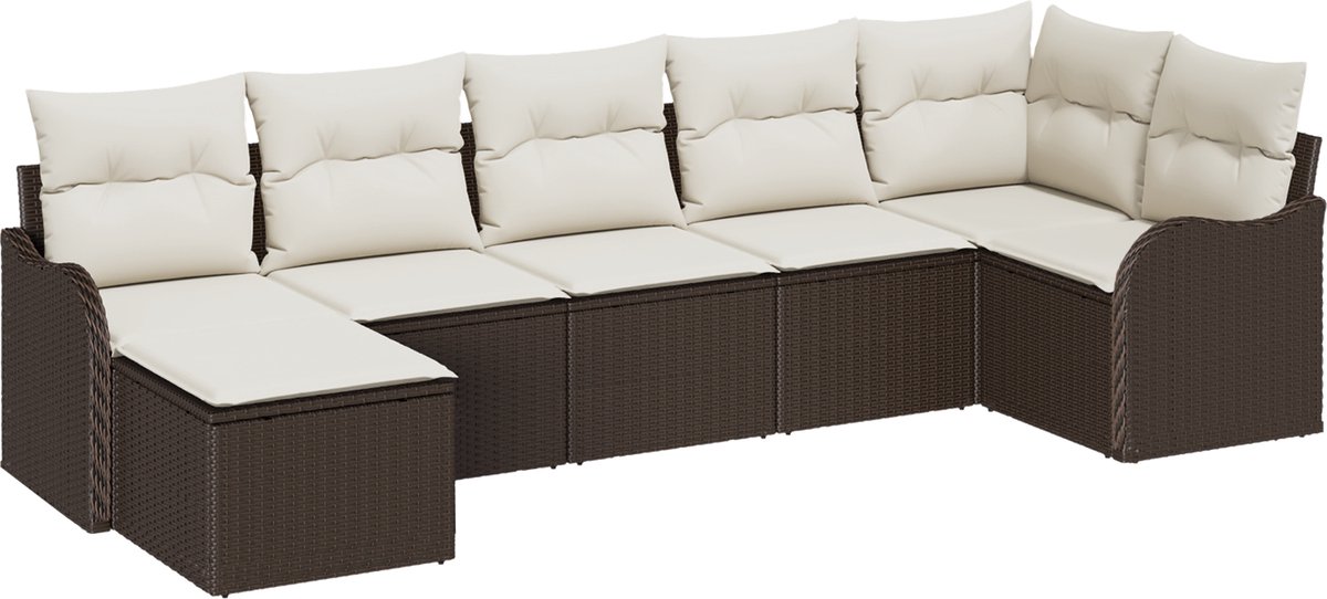 vidaXL - Tuinbank - Set - met - kussen - 7 - pcs - Bruin - en - wit - Poly - rattan