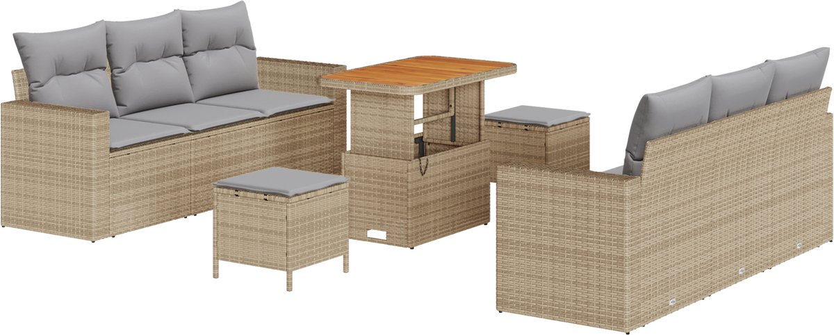 vidaXL - Tuinbank - Set - 9 - pcs - Beige - poly - rattan
