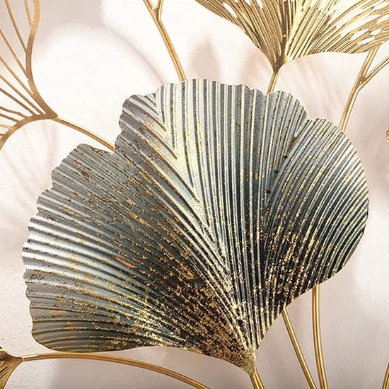 Fermoirper Wanddecoratie metaal Gingko, 3D-decoratie goud gingko blad, woonkamerdecoratie voor woonkamer, slaapkamer, eetkamer, 55 x 110 cm
