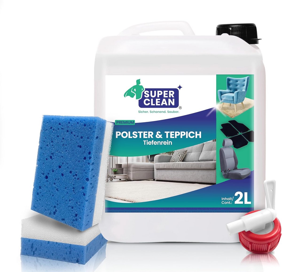 Universele Bekleding en Tapijt Reiniger Concentrate - Voor Alle Soorten Bekleding en Tapijten - 2 Liter + 2 Sponzen