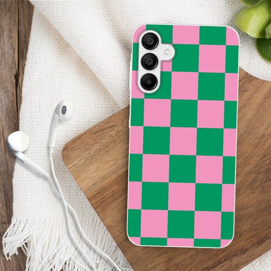 Coque de téléphone compatible avec Samsung Galaxy A15 5G - Motif damier - Vert - Rose - Blocs - Siliconen Coque de téléphone Coque de téléphone