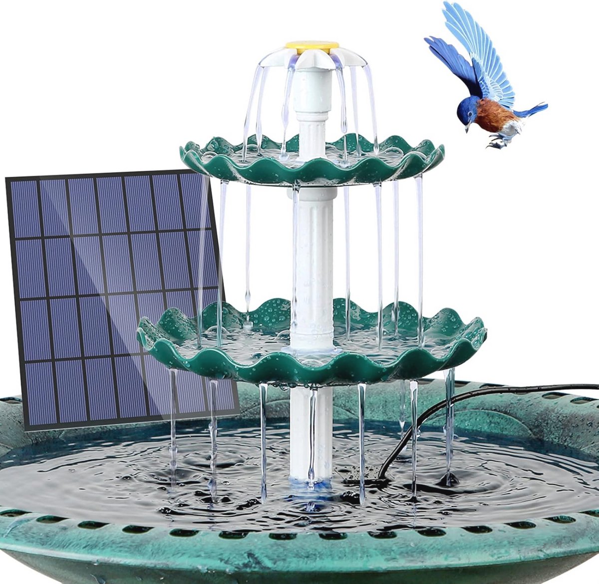 Doe-het-zelf zonne-energie vogelbad en fontein set voor buiten met 3 niveaus