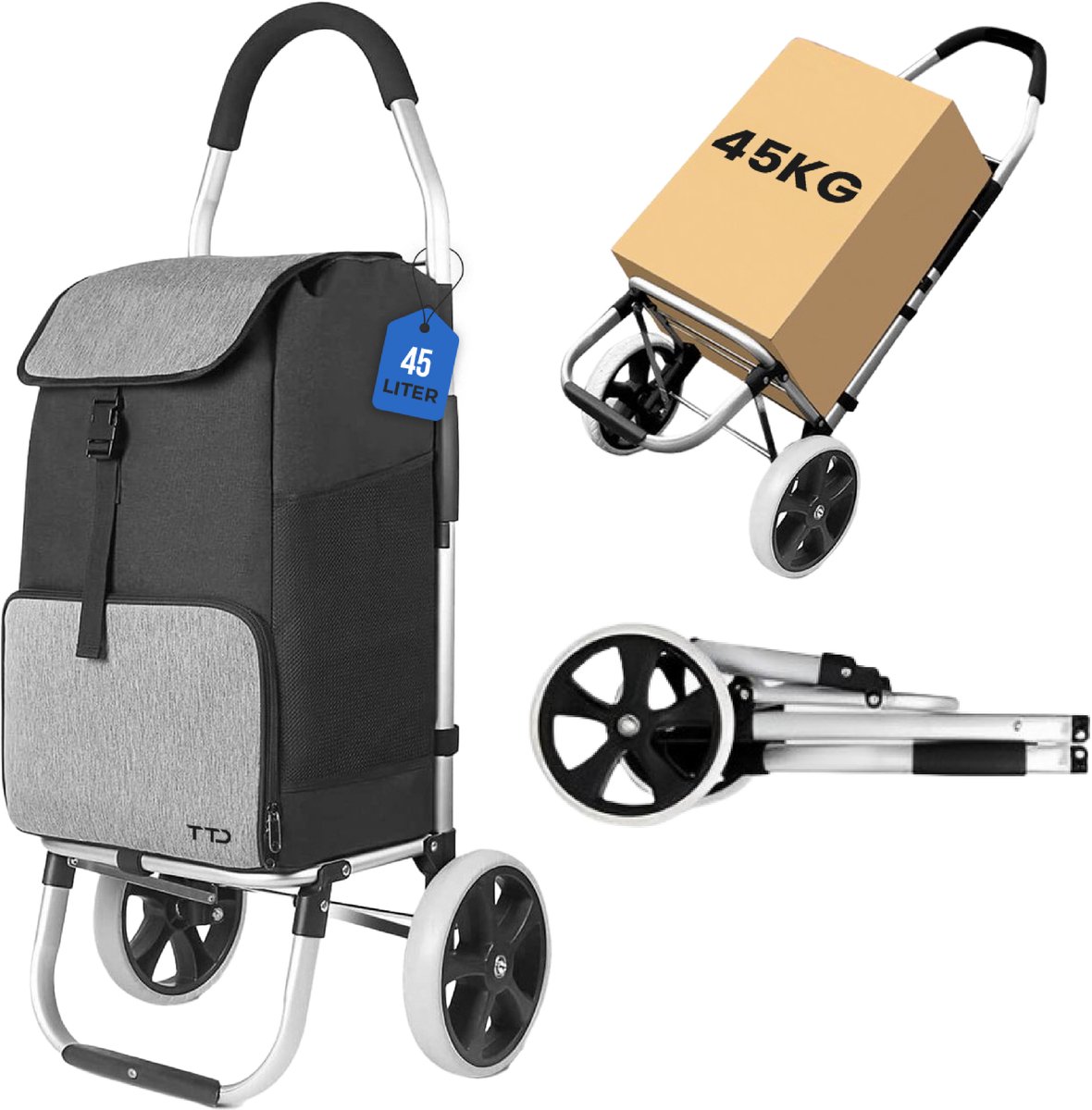 TTD® Boodschappentrolley met Steekwagenfunctie - Opvouwbaar Frame - 45L - Ruime Zijvakken - Boodschappenwagen - Waterdicht - All-Terrain Wielen - Boodschappenkar