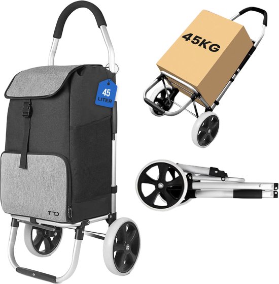 Chariot de courses noir et gris avec étiquette 45L, carton de 45kg et chariot plié.