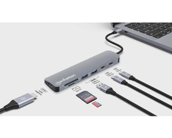 Manhattan USB-C dock/hub met kaartlezer, poorten (5): HDMI, USB-A (2×) en USB-C (2×), met Power Delivery (PD) 100 W - vereist een externe USB-C-lader (niet inbegrepen). USB-gevoed (geen externe voeding vereist) wanneer PD niet wordt gebruikt