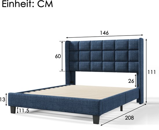Lit capitonné Lit double 140x200cm - Tête de lit capitonnée, lin, bleu, sommier à lattes (sans matelas)