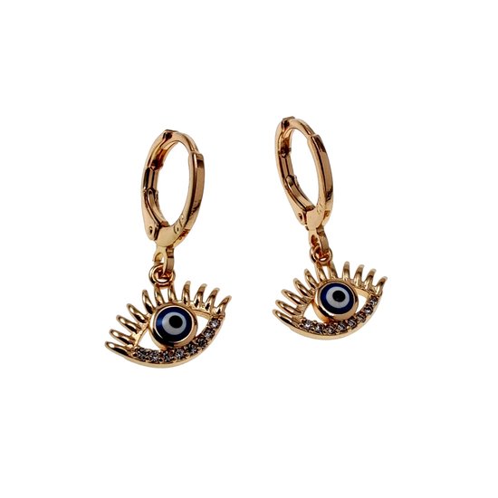 Gouden oorringen met 'boze oog' hangers, bezet met steentjes.
