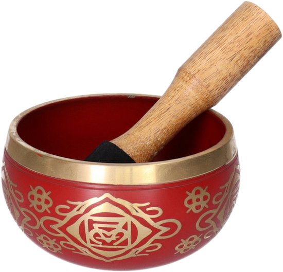 Gerimport Tibetaanse klankschaal met oosterse print - rood - met aanstrijkhout - messing - D12 x H7 cm - yoga/meditatie van Gerimport — afbeelding 3