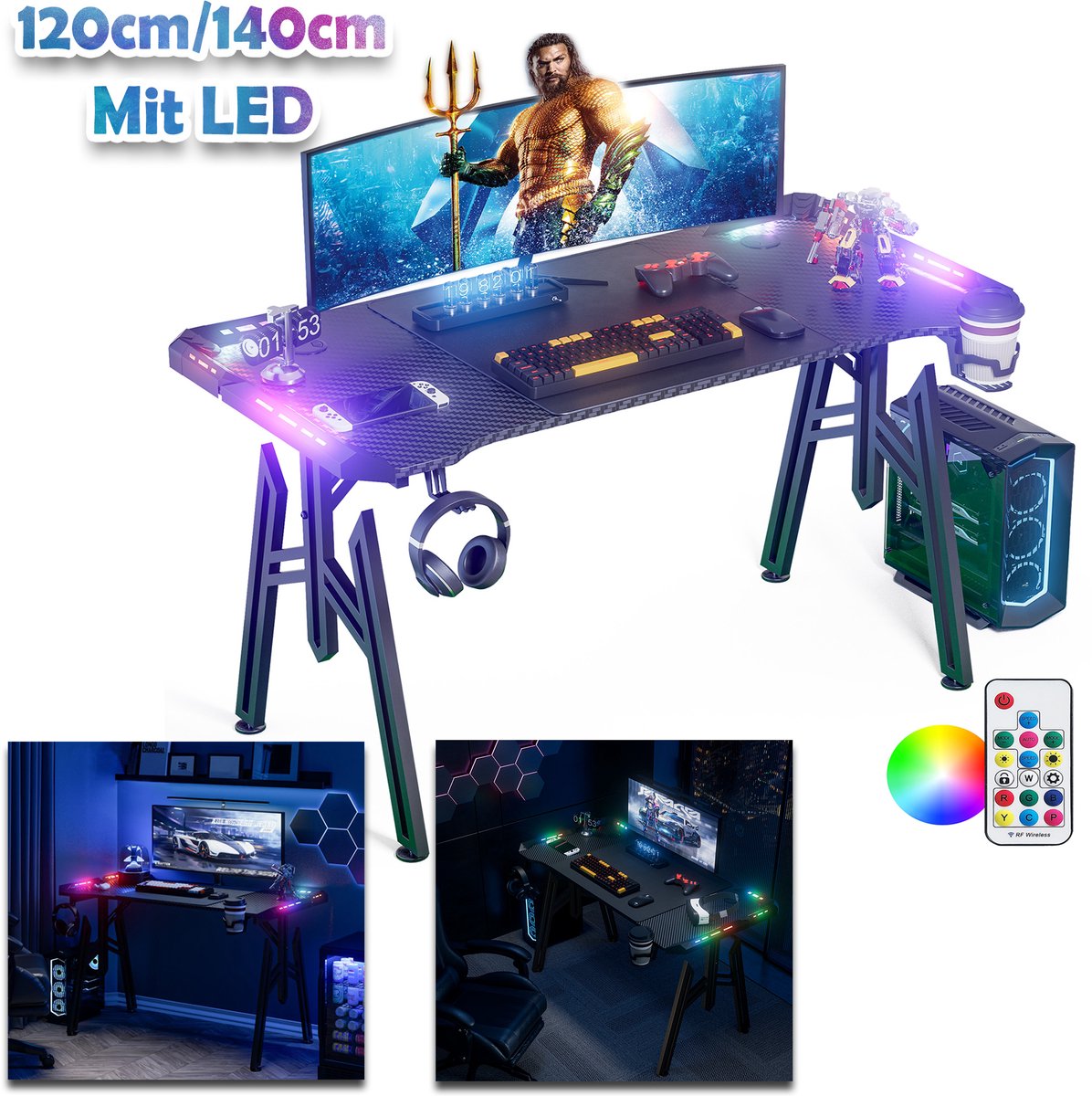 Gaming bureau ergonomisch bureau gaming met led zwarte tafel gaming pc-tafel met koolstofvezel coating met bekerhouder en hoofdtelefoonhaak 120 x 60 x 73 cm M poten