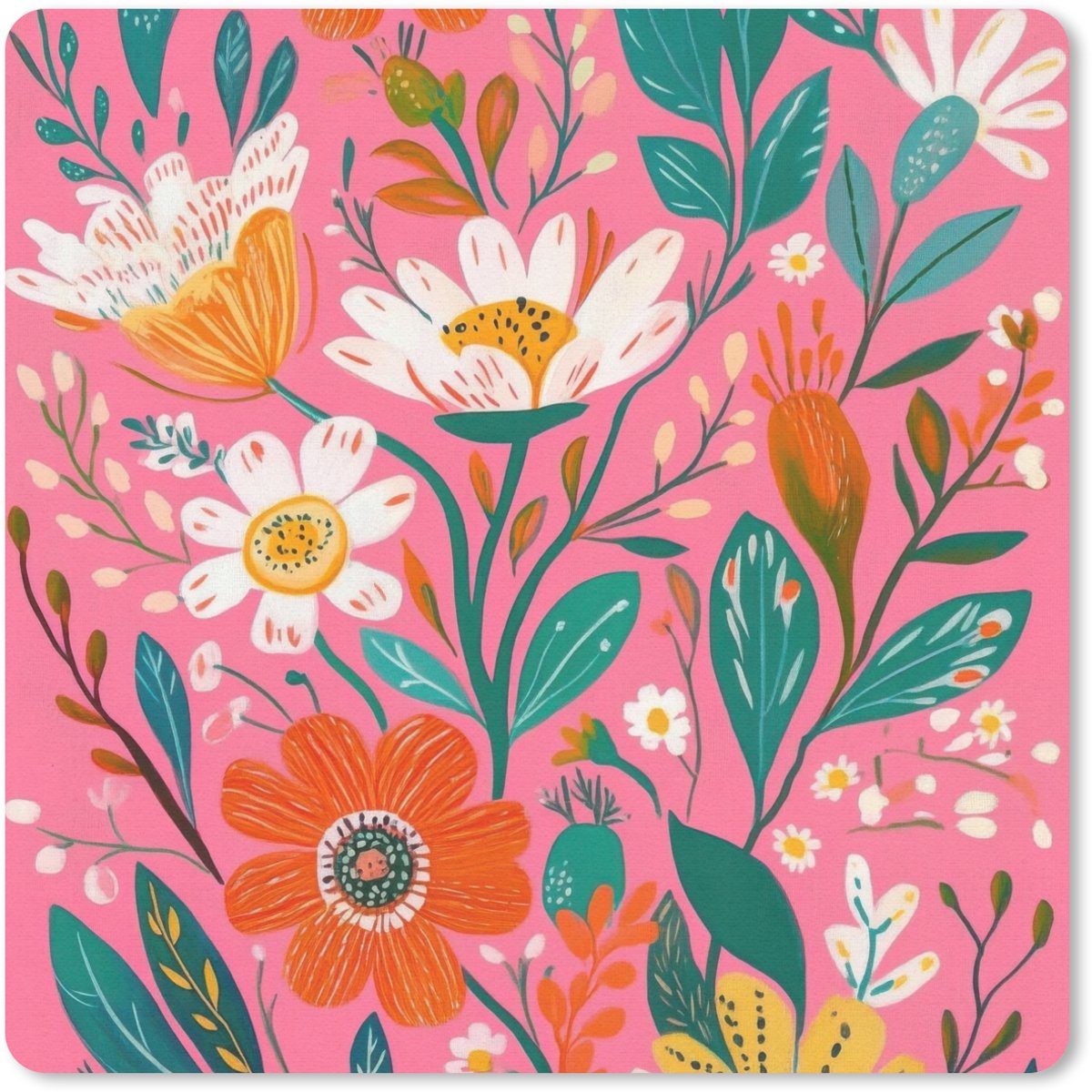Muismat 20x20 cm - Mousepad Roze - Bloemen - Wit - Oranje - Muismatten