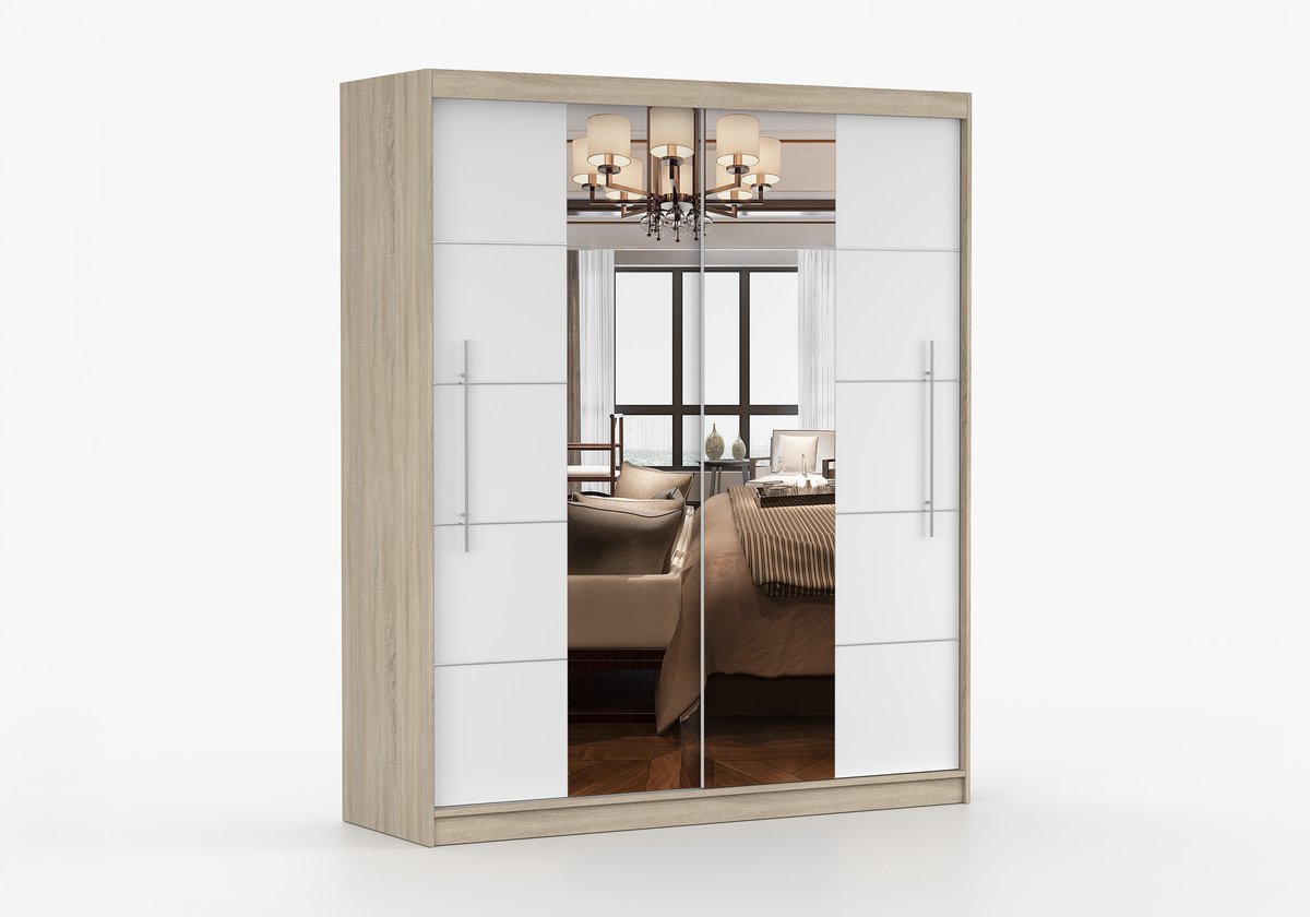 AJE Meubles B.V. ​Kledingkast NICO III 203 cm - 2-deurs schuifdeurkast met spiegel en decoratieve lijsten - Garderobekast met ruime opbergruimte - Moderne kast voor slaapkamer en hal (Sonoma + Wit)