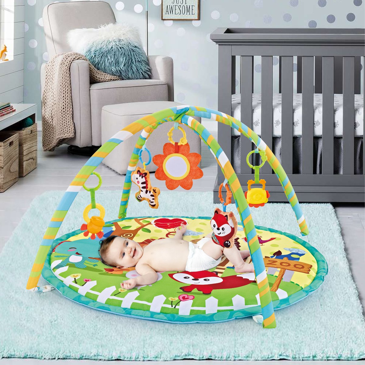 FUEGOBIRD - Baby Play Mat - Colorful Zoo - Deluxe Gym - Color Interaction and Grasping toys - Beautiful sound - Developmental play for babies from 2 months+ - Round