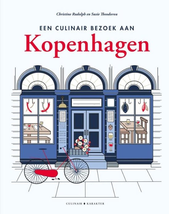 Boek kaft met illustratie van een winkelpand in Kopenhagen met een rode fiets en de tekst 'EEN CULINAIR BEZOEK AAN Kopenhagen'
