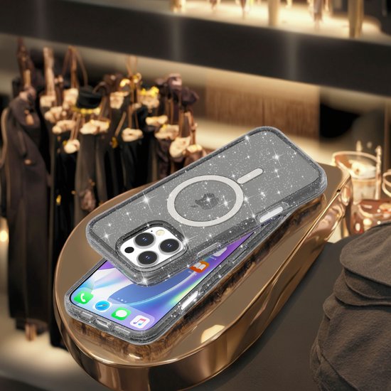 Coque IYUPP pour iPhone 16, Glitter MagSafe, antichoc, Zwart et transparente