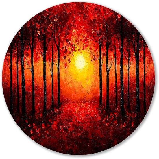 Herfstbos met zonsondergang - Bos rond schilderij - Ronde muurdecoratie bomen - Abstract expressionisme - Wanddecoratie metaal rond - Kunst aan de muur - muurcirkel aluminium 60x60 cm
