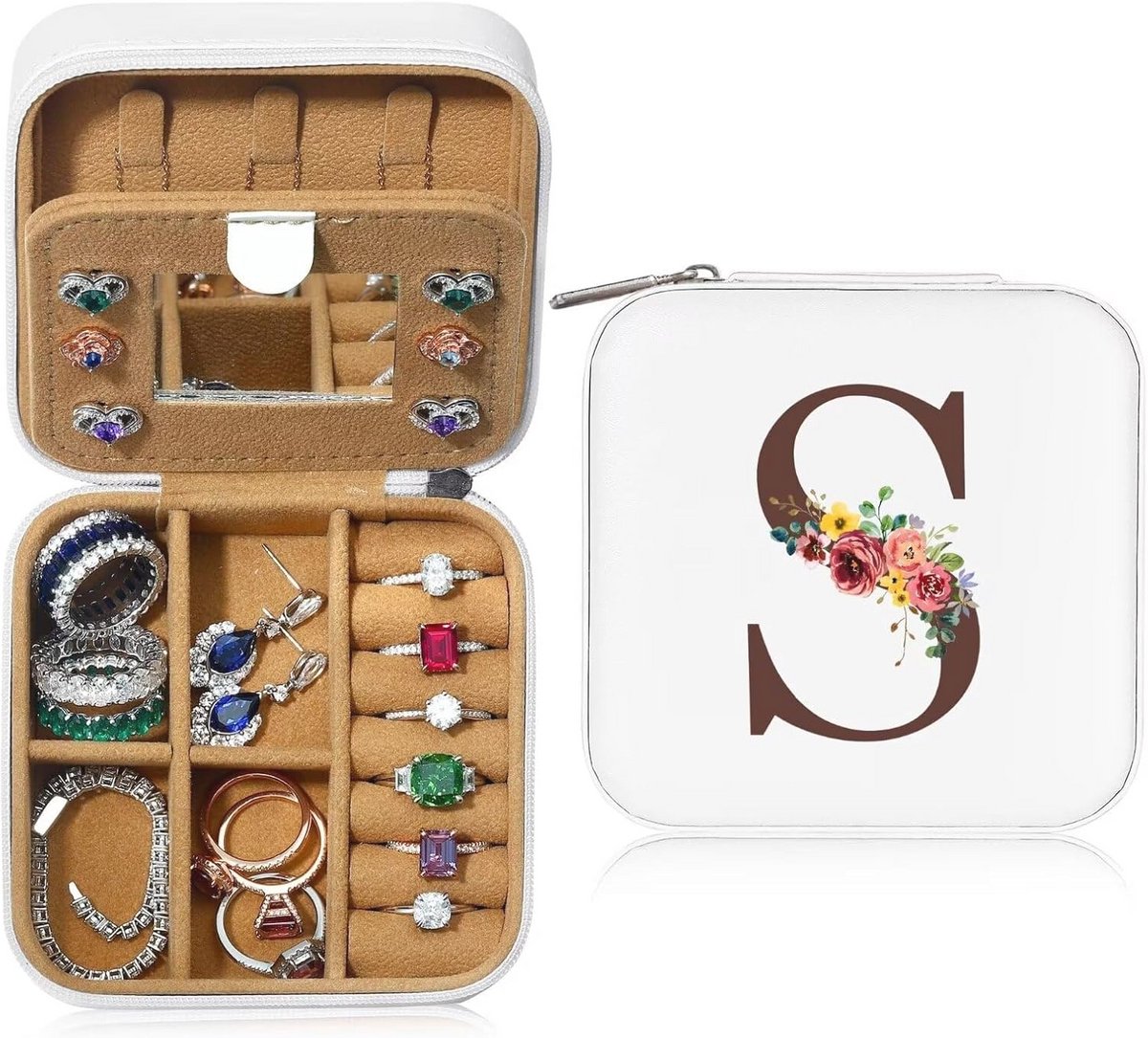 Gepersonaliseerd sieradendoosje met initialen en bloem, klein reissieradenkistje met spiegel voor dames en meisjes, ideaal cadeau voor verjaardagen, Moederdag en bruiloften