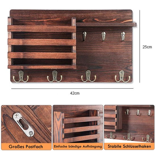 ATTEEFI sleutelbord met plank, wandsleutelhouder van metaal en hout met 5 haken - wandorganizer voor hal, ingang, garderobe (30 x 7,5 x 6 cm, zwart