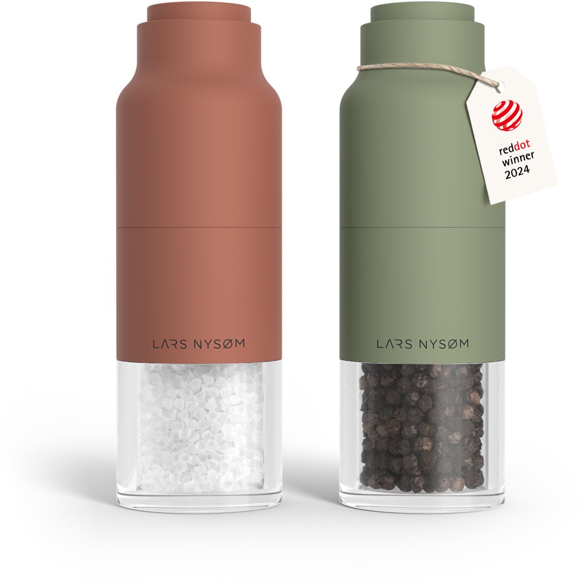 LARS NYSØM Omvendt Zout- en Pepermolenset handmatig - Roestvrij Staal - Verstelbare maalgraad (Brick Red/Sage Green)