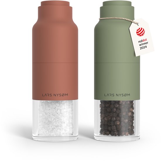 Ensemble de moulins à sel et à poivre manuels Omvendt de LARS NYSØM - Acier inoxydable - Degré de mouture réglable (rouge brique/vert Sage )