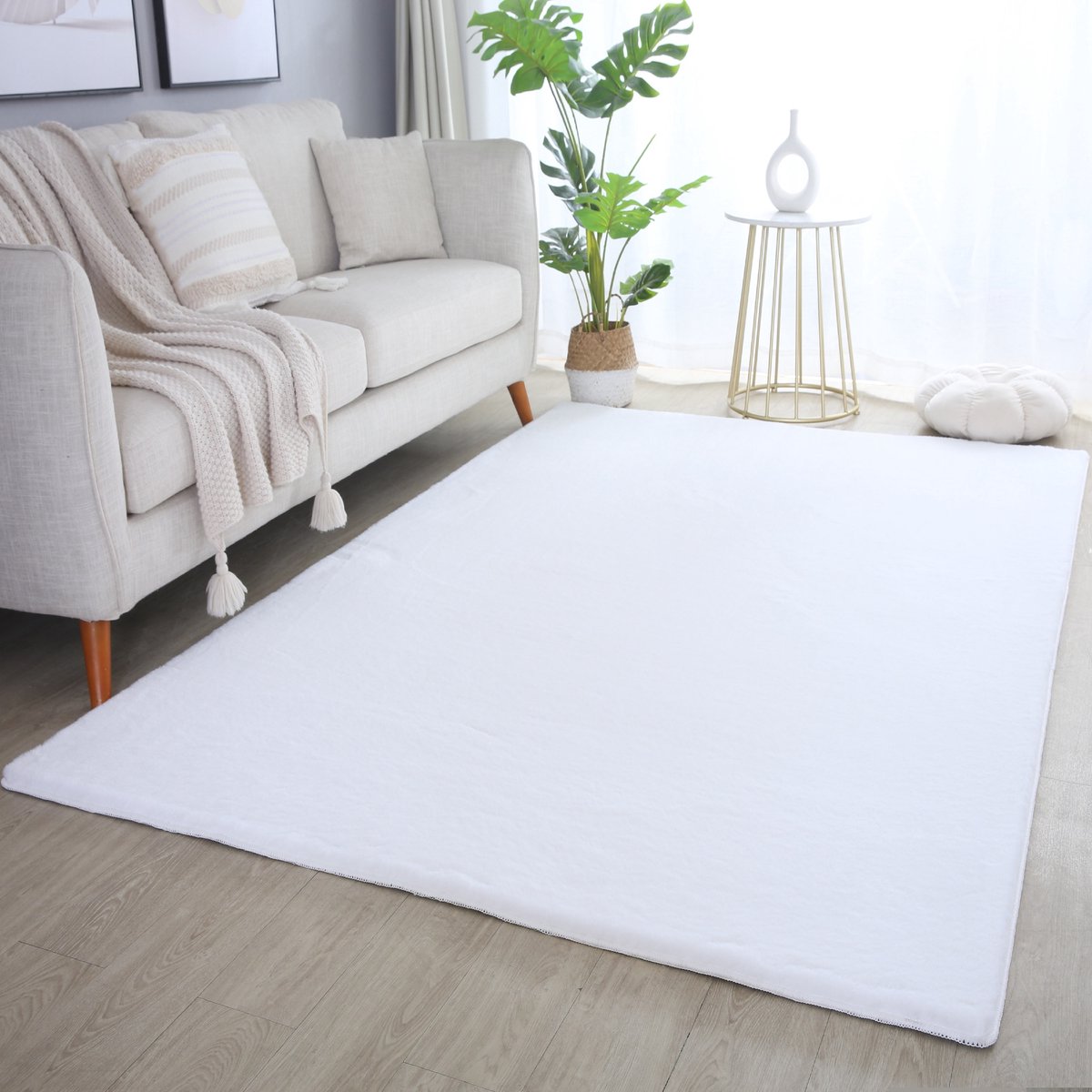 Hoogpolig vloerkleed, effen kleur - wit, vloerkleed voor de woonkamer, katoenen achterkant, afmeting: 200 cm x 290 cm
