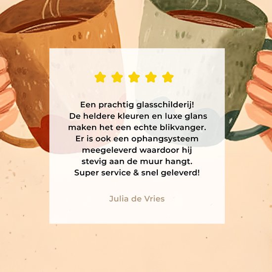 MuchoWow® Glasschilderij 100x150 cm - Schilderij acrylglas - Illustratie - Mokken - Proosten - Bruin - Foto op glas - Muurdecoratie woonkamer - Wanddecoratie slaapkamer - Schilderijen