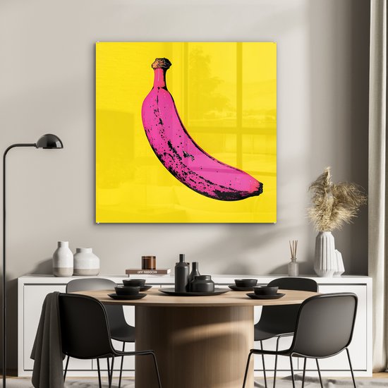 MuchoWow® Tableau sur verre 90x90 cm - Tableau acrylique sur verre - Banane - Graphique - Jaune - Photo sur verre - Décoration murale salon - Décoration murale chambre - Peintures