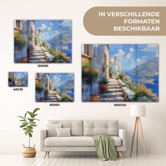 MuchoWow® Glasschilderij 120x90 cm - Schilderij acrylglas - Trap - Huizen - Berglandschap - Zee - Foto op glas - Muurdecoratie woonkamer - Wanddecoratie slaapkamer - Schilderijen