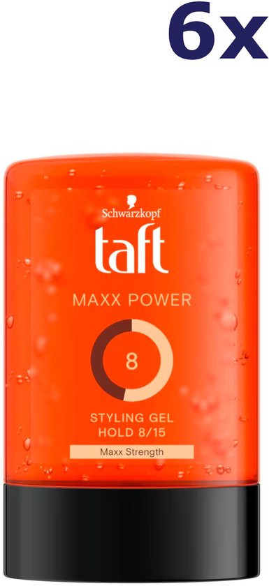 Taft Maxx Power stylinggel in oranje pot, met '6x' indicatie.