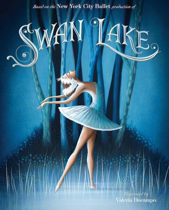 Illustration d'une ballerine en costume de ballet blanc, basée sur la production de 'Le Lac des Cygnes' du New York City Ballet.