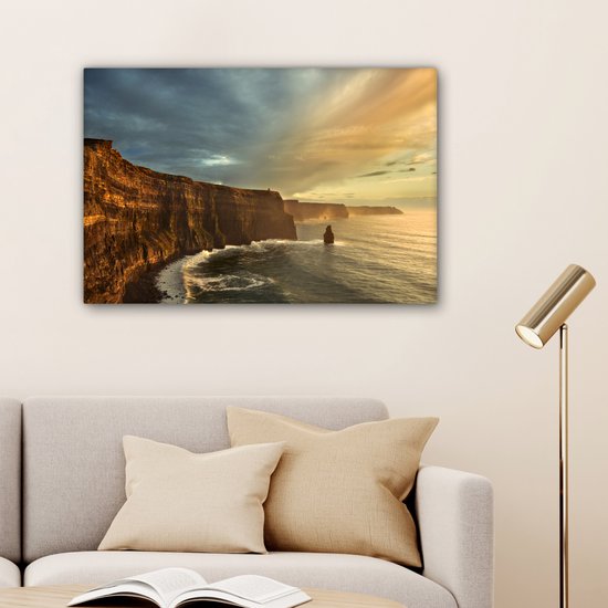 Canvas schilderij 150x100 cm - Wanddecoratie Brekende golven op de Ierse Kliffen van Moher - Muurdecoratie woonkamer - Slaapkamer decoratie - Kamer accessoires - Schilderijen