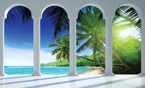 Foto: Fotobehang vlies behang 3d palmbomen zee en strand door de pilaren gezien 208 x 146 cm