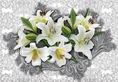Fotobehang - Vlies Behang - Witte Lelies in Ornament - 254 x 184 cm