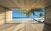 Fotobehang - Vlies Behang - Tropische Palmbomen aan Zee Terras Zicht 3D - 312 x 219 cm