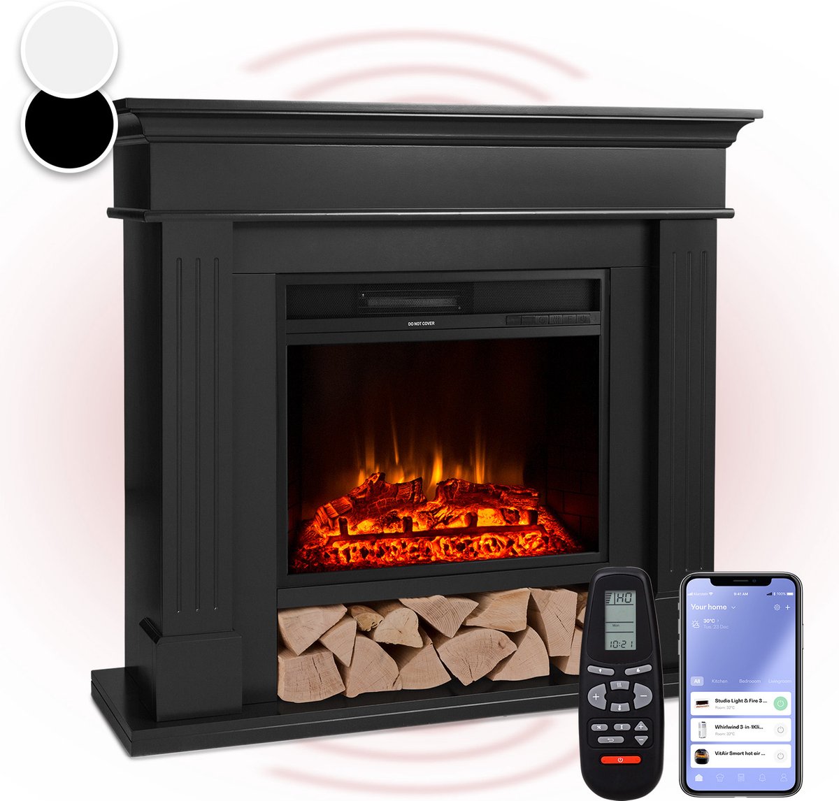 Klarstein Las Pilas Elektrische Haard - Elektrische Haard - 900/1800 W - Wifi - App Bediening - Inschakelbare Verwarming - 2 Standen - 9 Helderheidsniveaus - 18-30 °C - Thermostaat - Weektimer - Afstandsbediening - Oververhittingsbescherming - Zwart