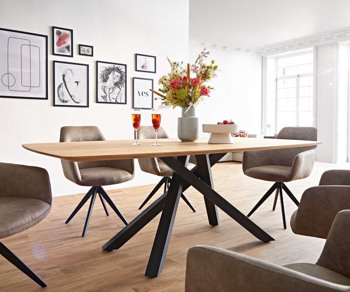 Eetkamertafel Edge Boot eiken natuur 200x100x2,5-3 kruisframe rechthoek zwart Zwitserse rand