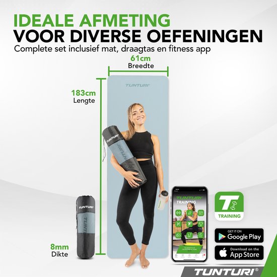 Tunturi Yoga Mat 8mm - Pilates mat - Extra dikke fitness mat - 183x61x0,8 cm - Incl Draagtas - Ecologisch materiaal - Eenvoudig te reinigen - Licht Blauw van Tunturi — afbeelding 3