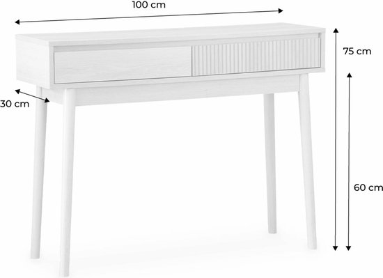 Afmetingen van een witte consoletafel met twee laden: 100cm breed, 75cm hoog en 30cm diep.