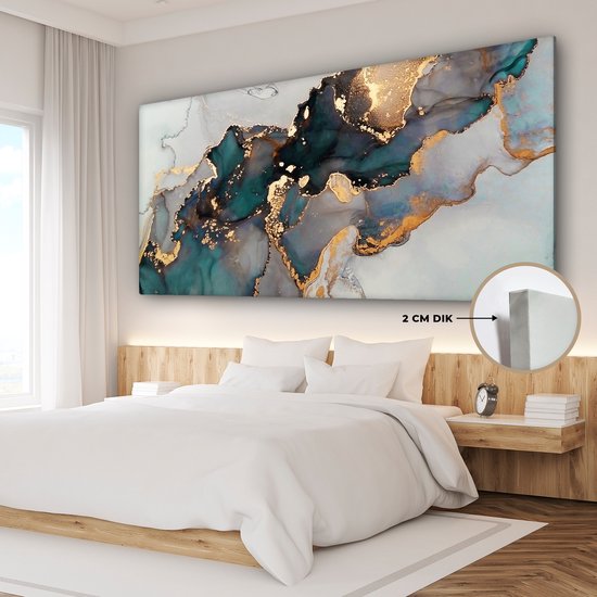Tableau sur toile Blauw - Marbre - Or - 160x80 cm - Décoration murale