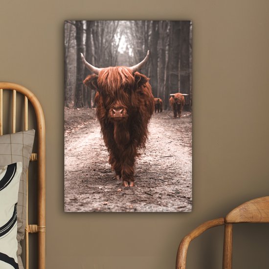 Peinture sur toile Scottish Highlander - Forêt - Vache - Animaux - Nature - 60x90 cm - Décoration murale