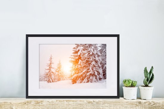 Cadre photo avec affiche - Soleil - Arbres - Neige - 60x40 cm - Cadre pour affiche - Décorations de Noël - Décoration de Noël pour l'intérieur - Noël