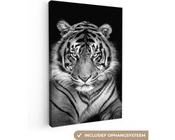 Canvas schilderij - Tijger zwart wit 80x120 - Kamer decoratie accessoires - Schilderijen woonkamer - Wanddecoratie slaapkamer - Muurdoek dieren - Muurdecoratie keuken - Wanddoek interieur binnen - Woondecoratie huis - Woonaccessoires