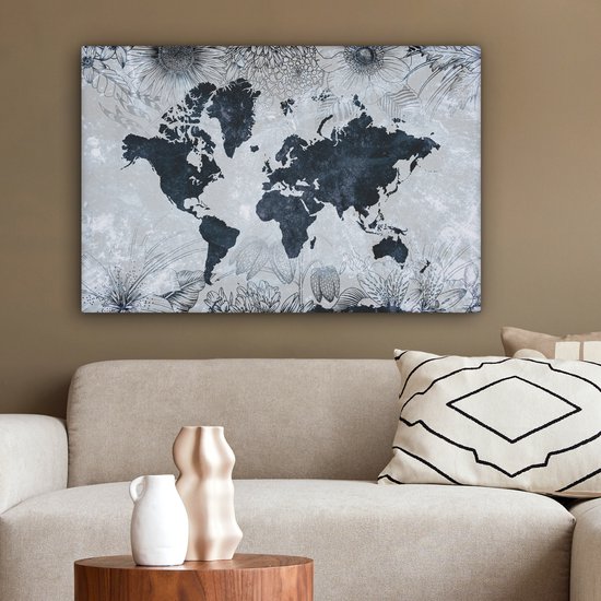 Carte du monde bleu foncé avec motif de peinture décorée d'illustrations de fleurs 60x40 cm