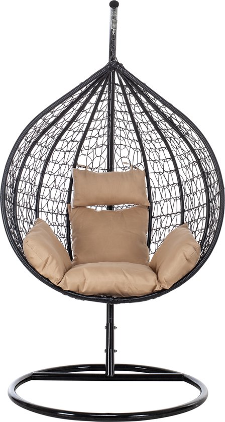 Aemely Hangstoel Cosy - beige stof - frame zwart - Hangstoel met standaard - Hangstoel voor binnen - Hangstoel voor buiten - Egg hangstoel - Hangstoel cocoon - Incl. Kussens - Ei stoel - Eistoel